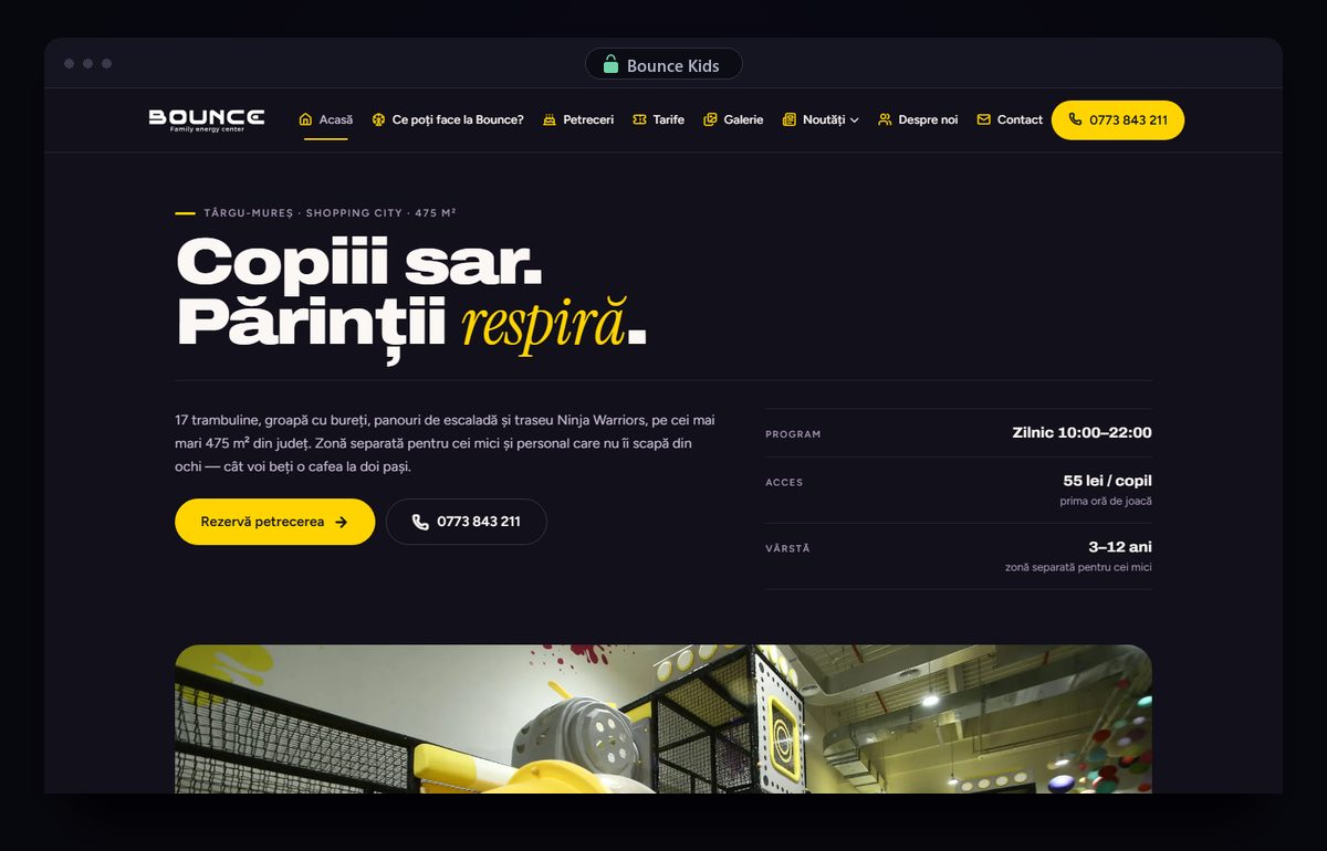 Pagina de start a site-ului Bounce Kids